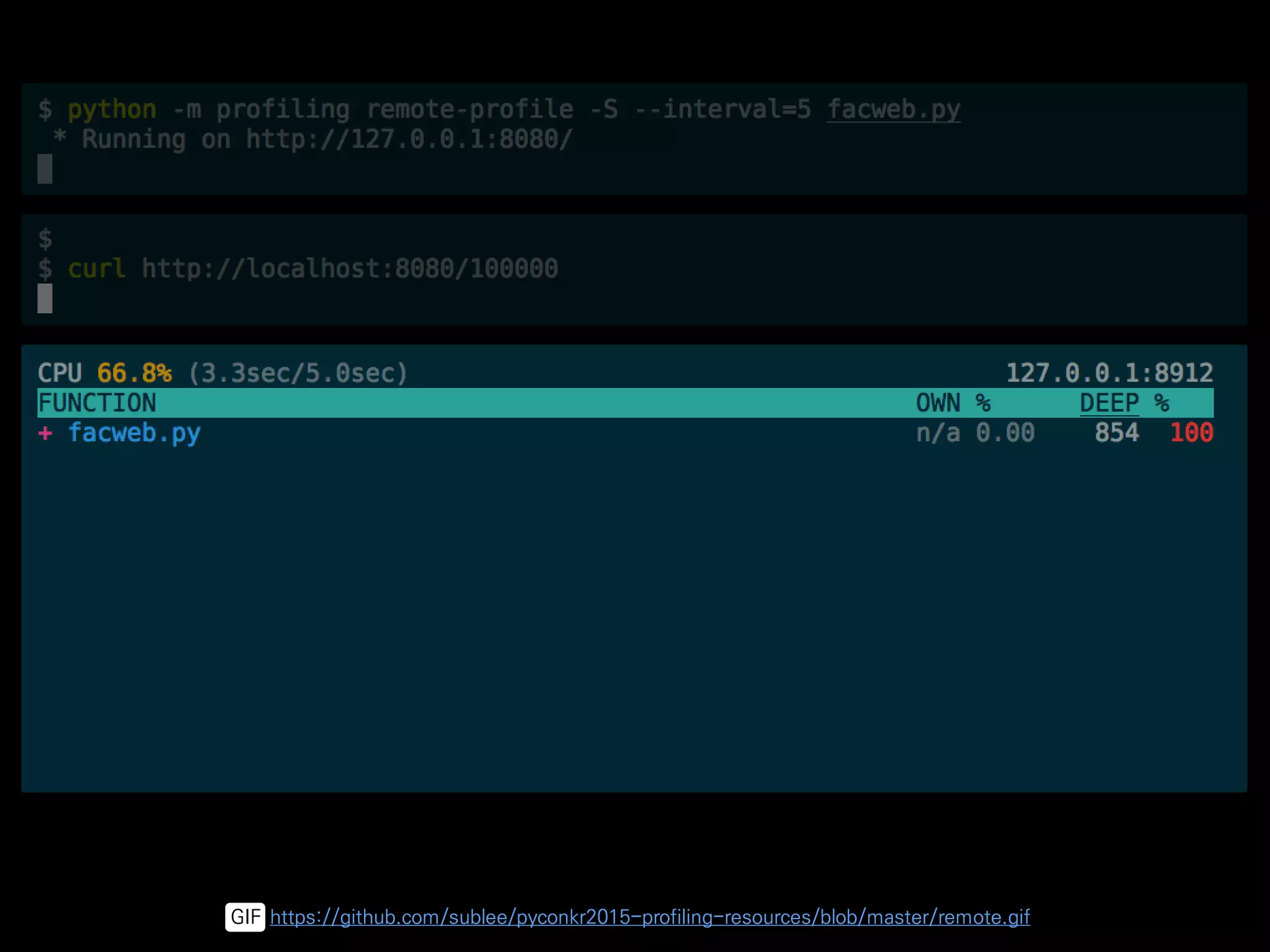 GIF https://github.com/sublee/pyconkr2015-profiling-resources/blob/master/remote.gif
 