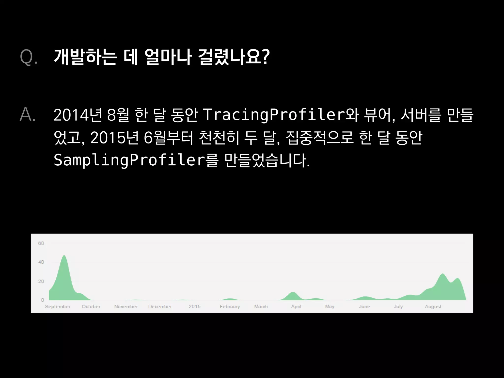 개발하는 데 얼마나 걸렸나요?
2014년 8월 한 달 동안 TracingProfiler와 뷰어, 서버를 만들
었고, 2015년 6월부터 천천히 두 달, 집중적으로 한 달 동안
SamplingProfiler를 만들었습니다.
Q.
A.
 