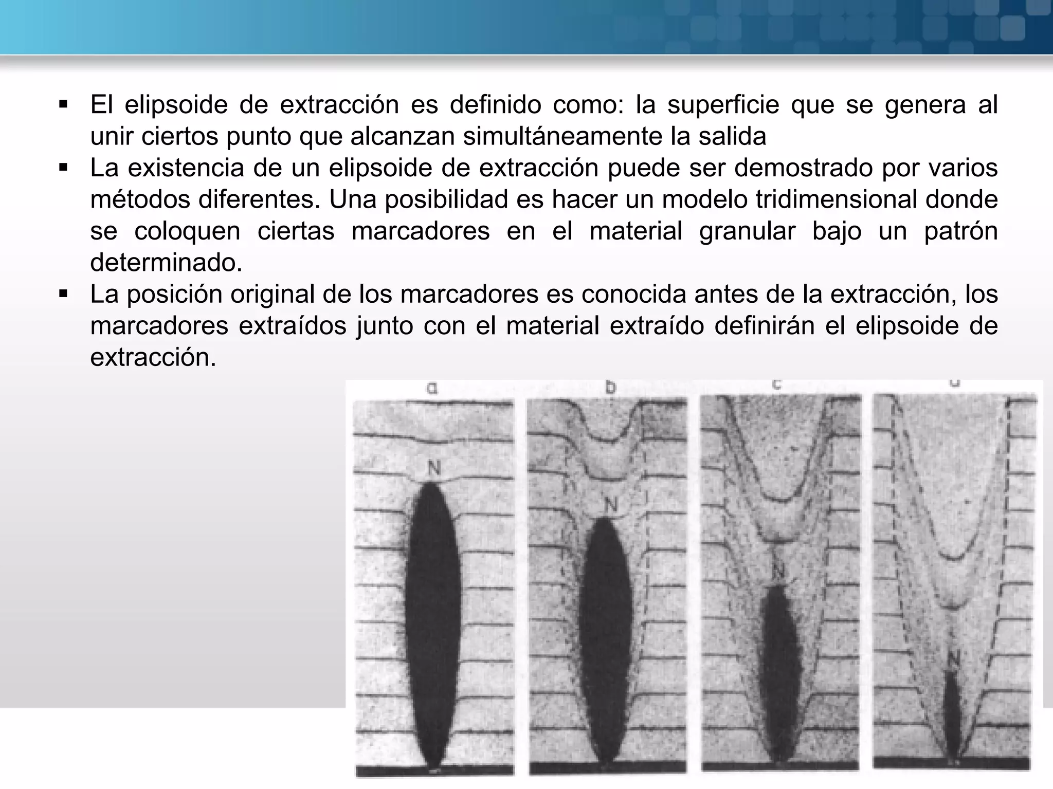  El elipsoide de extracción es definido como: la superficie que se genera al
unir ciertos punto que alcanzan simultáneamente la salida
 La existencia de un elipsoide de extracción puede ser demostrado por varios
métodos diferentes. Una posibilidad es hacer un modelo tridimensional donde
se coloquen ciertas marcadores en el material granular bajo un patrón
determinado.
 La posición original de los marcadores es conocida antes de la extracción, los
marcadores extraídos junto con el material extraído definirán el elipsoide de
extracción.
 