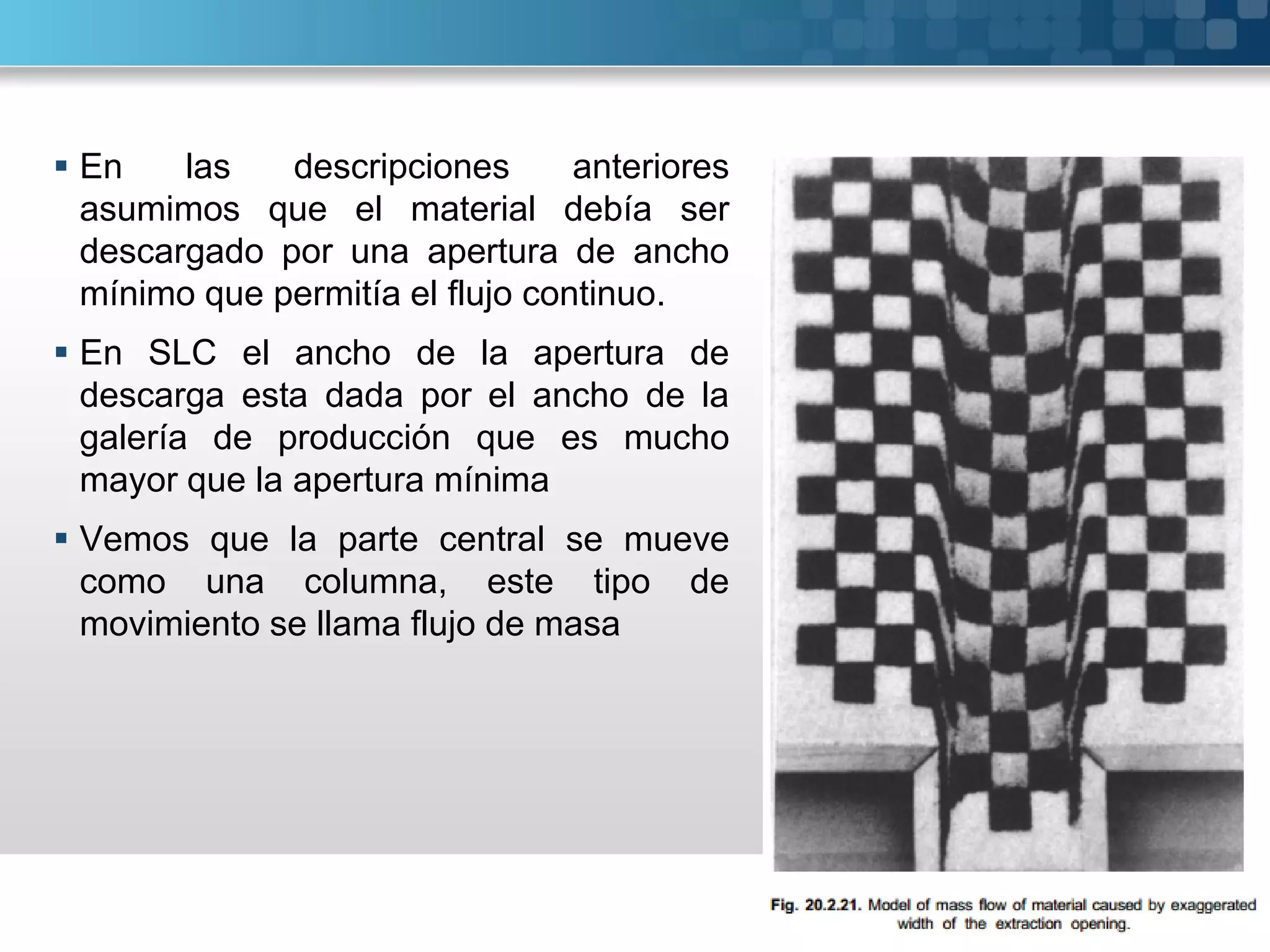  En las descripciones anteriores
asumimos que el material debía ser
descargado por una apertura de ancho
mínimo que permitía el flujo continuo.
 En SLC el ancho de la apertura de
descarga esta dada por el ancho de la
galería de producción que es mucho
mayor que la apertura mínima
 Vemos que la parte central se mueve
como una columna, este tipo de
movimiento se llama flujo de masa
 