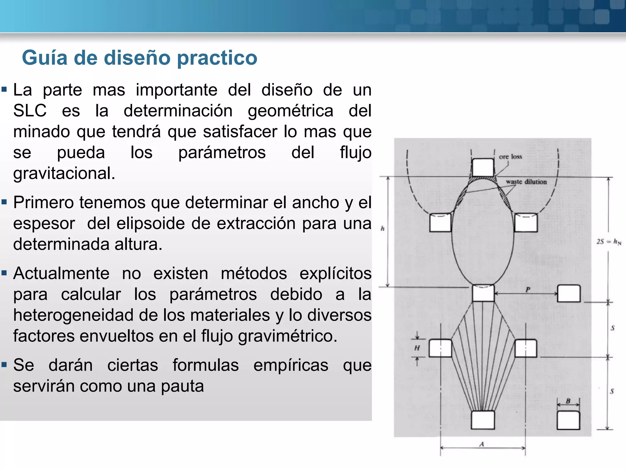 Guía de diseño practico
 La parte mas importante del diseño de un
SLC es la determinación geométrica del
minado que tendrá que satisfacer lo mas que
se pueda los parámetros del flujo
gravitacional.
 Primero tenemos que determinar el ancho y el
espesor del elipsoide de extracción para una
determinada altura.
 Actualmente no existen métodos explícitos
para calcular los parámetros debido a la
heterogeneidad de los materiales y lo diversos
factores envueltos en el flujo gravimétrico.
 Se darán ciertas formulas empíricas que
servirán como una pauta
 