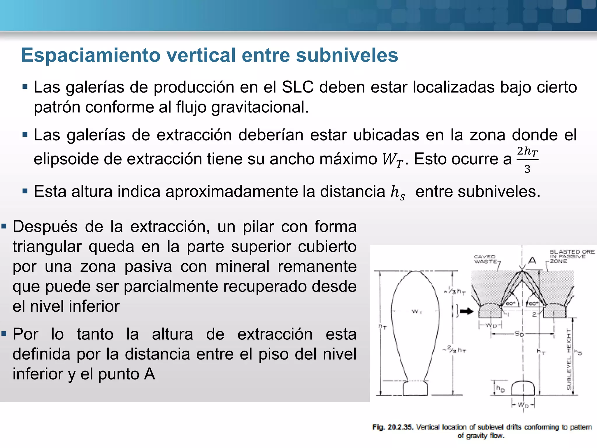 Espaciamiento vertical entre subniveles
 Después de la extracción, un pilar con forma
triangular queda en la parte superior cubierto
por una zona pasiva con mineral remanente
que puede ser parcialmente recuperado desde
el nivel inferior
 Por lo tanto la altura de extracción esta
definida por la distancia entre el piso del nivel
inferior y el punto A
 Las galerías de producción en el SLC deben estar localizadas bajo cierto
patrón conforme al flujo gravitacional.
 Las galerías de extracción deberían estar ubicadas en la zona donde el
elipsoide de extracción tiene su ancho máximo . Esto ocurre a
 Esta altura indica aproximadamente la distancia ℎ entre subniveles.
 