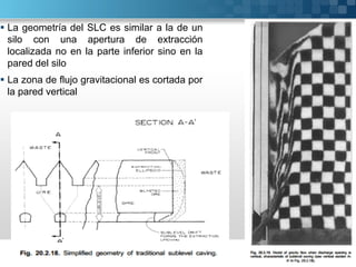  La geometría del SLC es similar a la de un
silo con una apertura de extracción
localizada no en la parte inferior sino en la
pared del silo
 La zona de flujo gravitacional es cortada por
la pared vertical
 