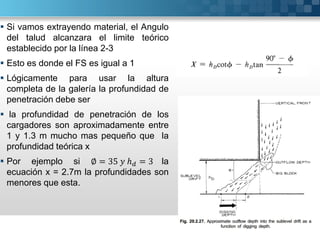 Si vamos extrayendo material, el Angulo
del talud alcanzara el limite teórico
establecido por la línea 2-3
 Esto es donde el FS es igual a 1
 Lógicamente para usar la altura
completa de la galería la profundidad de
penetración debe ser
 la profundidad de penetración de los
cargadores son aproximadamente entre
1 y 1.3 m mucho mas pequeño que la
profundidad teórica x
 Por ejemplo si ∅ = 35 ℎ = 3 la
ecuación x = 2.7m la profundidades son
menores que esta.
 