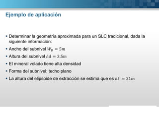 Ejemplo de aplicación
 Determinar la geometría aproximada para un SLC tradicional, dada la
siguiente información:
 Ancho del subnivel = 5
 Altura del subnivel ℎ = 3.5
 El mineral volado tiene alta densidad
 Forma del subnivel: techo plano
 La altura del elipsoide de extracción se estima que es ℎ = 21
 