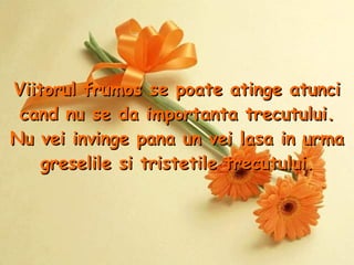 Viitorul frumos se poate atinge atunci cand nu se da importanta trecutului. Nu vei invinge pana un vei lasa in urma greselile si tristetile trecutului . 