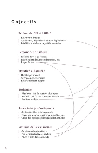 Objectifs

       Seniors de GIR 4 à GIR 6
        Entre 70 et 80 ans
        Autonomie, dépendants ou non dépendants
        Bénéficiant de leurs capacités mentales


       Personne, utilisateur
        Rythme de vie, quotidien
        Passé, habitudes, mode de pensée, etc.
        Projet de vie


       Maintien à domicile
        Habitat personnel
        Service, aide extérieure
        Environnement adapté


       Isolement
         Physique : pas de contact physiques
         Mental : pas de relations qualitatives
         Fracture sociale


       Liens intergénérationnels
         Senior, famille, voisinage, amis
         Favoriser les communications qualitatives
         Créer des passerelles intergénérationnelles



       Acteurs de la vie sociale
         Au niveau d'un territoire
         Par le biais d'activités réelles
         Place et rôle dans la société



10
 