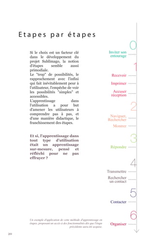 Etapes par étapes

       Si le choix est un facteur clé                                      Inviter son
                                                                                         0
       dans le développement du                                             entourage
       projet Sublïmago, la notion
       d'étapes
       primodiale.
                       semble     aussi

       Le "trop" de possibilités, le                                        Recevoir
                                                                                         1
       rapprochement avec l'infini
       qui fait inévitablement peur à                                       Imprimer
       l'utilisateur, l'empêche de voir
       les possibilités "simples" et                                         Accuser
       accessibles.                                                         réception
       L'apprentissage            dans
       l'utilisation a pour but
       d'amener les utilisateurs à
       comprendre pas à pas, et
                                                                                         2
                                                                           Naviguer,
       d'une manière didactique, le                                       Rechercher
       franchissement des étapes.
                                                                             Montrer

       Et si, l'apprentissage dans
       tout type d'utilisation
       était un apprentissage
                                                                            Répondre
                                                                                         3
       sur-mesure,      pensé   et
       réfléchi pour ne pas


                                                                                         4
       effrayer ?


                                                                          Transmettre
                                                                          Rechercher
                                                                           un contact


                                                                                         5
                                                                            Contacter



       Un exemple d'application de cette méthode d'apprentissage en
       étapes, proposant un accès à des fonctionnalités dès que l'étape    Organiser
                                                                                         6
                                          précédente aura été acquise.

20
 