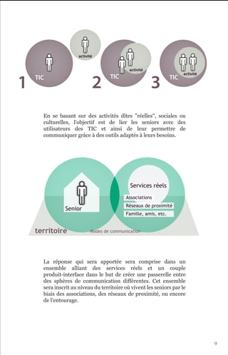 activité


                                             activité



1                            2                          3
                                                                       activité
    TIC                             TIC                          TIC




      En se basant sur des activités dîtes "réelles", sociales ou
      culturelles, l'objectif est de lier les seniors avec des
      utilisateurs des TIC et ainsi de leur permettre de
      communiquer grâce à des outils adaptés à leurs besoins.




                                             Services réels
                                           Associations
                                           Réseaux de proximité
               Senior
                                           Famille, amis, etc.


    territoire              Modes de communication




      La réponse qui sera apportée sera comprise dans un
      ensemble alliant des services réels et un couple
      produit-interface dans le but de créer une passerelle entre
      des sphères de communication différentes. Cet ensemble
      sera inscrit au niveau du territoire où vivent les seniors par le
      biais des associations, des réseaux de proximité, ou encore
      de l'entourage.




                                                                                  9
 