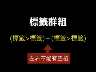 (標籤>標籤)＋(標籤>標籤)
標籤群組
左右不能有空格
 