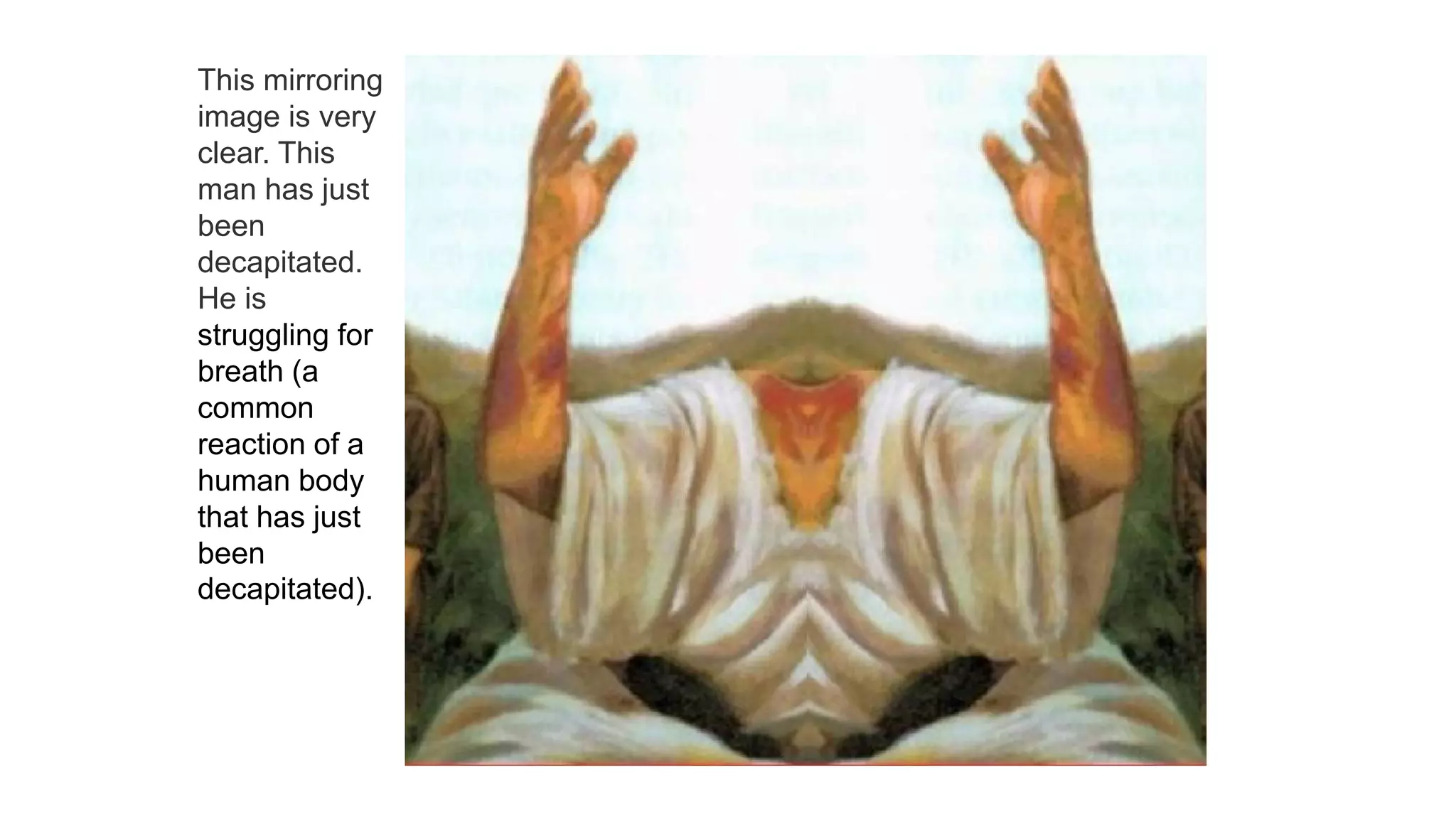 This mirroring
image is very
clear. This
man has just
been
decapitated.
He is
struggling for
breath (a
common
reaction of a
human body
that has just
been
decapitated).
 