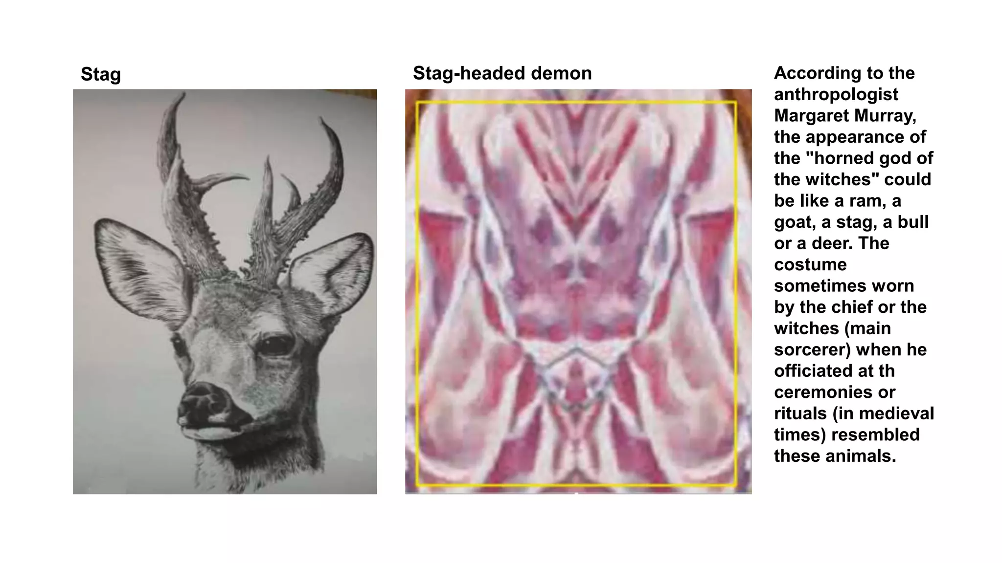 Stag Stag-headed demon According to the
anthropologist
Margaret Murray,
the appearance of
the "horned god of
the witches" could
be like a ram, a
goat, a stag, a bull
or a deer. The
costume
sometimes worn
by the chief or the
witches (main
sorcerer) when he
officiated at th
ceremonies or
rituals (in medieval
times) resembled
these animals.
 
