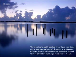“ Le secret de la santé, mentale et physique, c’est de ne pas se lamenter sur le passé, de ne pas se préoccuper du futur, et de ne pas devancer les problèmes, mais de vivre le présent de façon sage et sérieuse.”  -Bouddha- Vie saine 