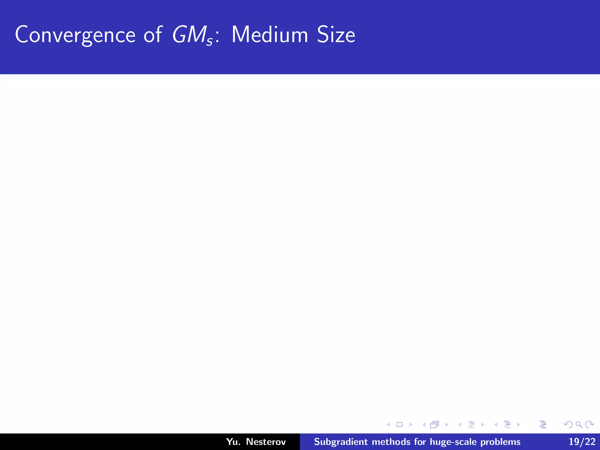 Convergence of GMs: Medium Size
Yu. Nesterov Subgradient methods for huge-scale problems 19/22
 