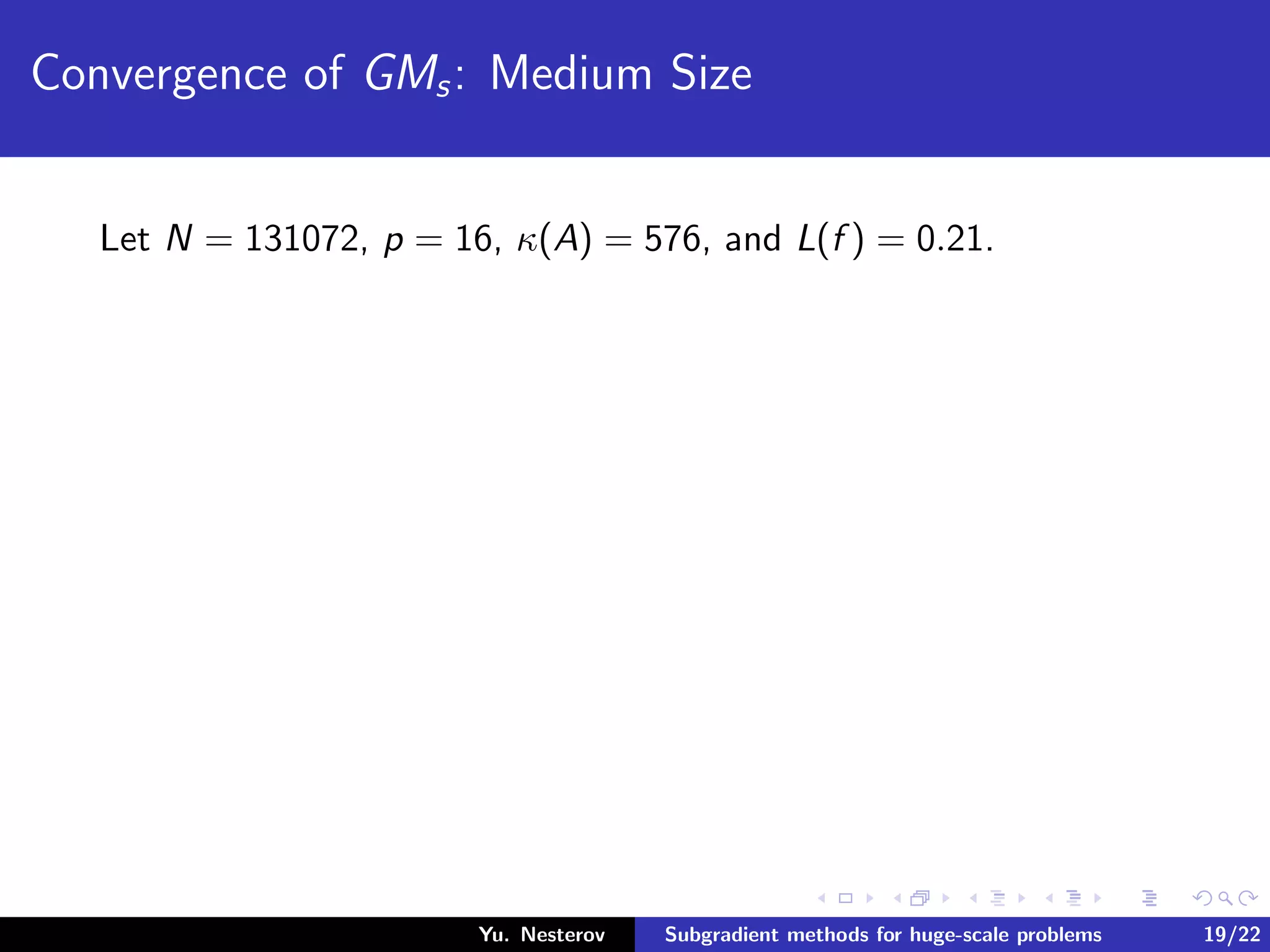 Convergence of GMs: Medium Size
Let N = 131072, p = 16, κ(A) = 576, and L(f ) = 0.21.
Yu. Nesterov Subgradient methods for huge-scale problems 19/22
 