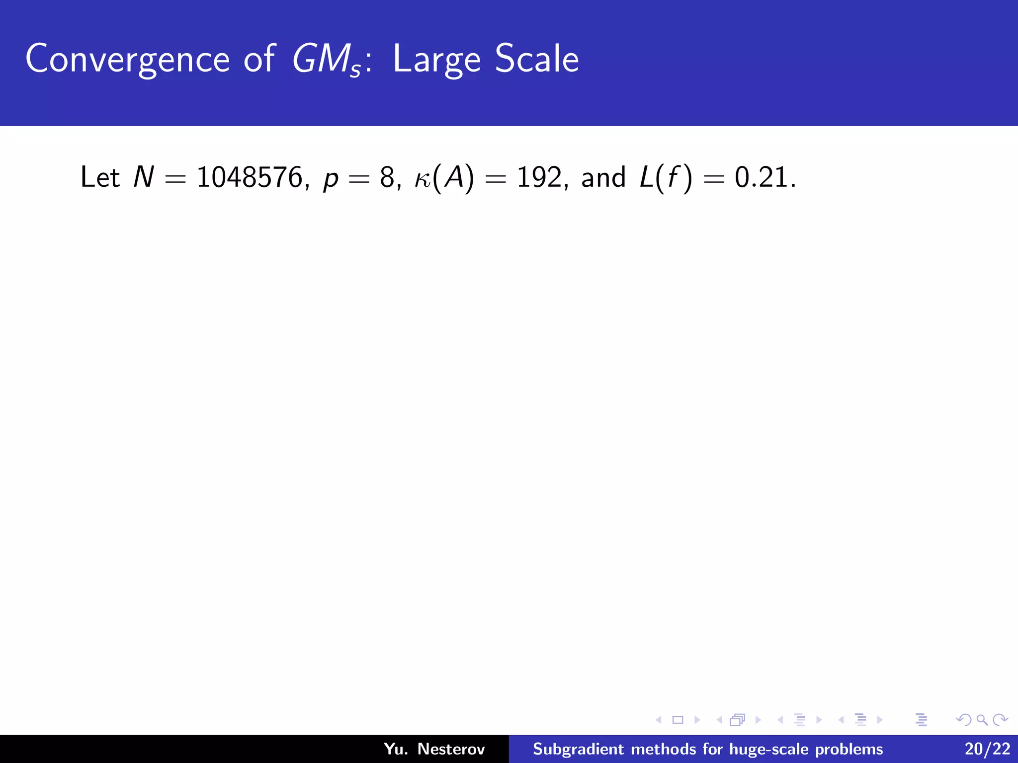 Convergence of GMs: Large Scale
Let N = 1048576, p = 8, κ(A) = 192, and L(f ) = 0.21.
Yu. Nesterov Subgradient methods for huge-scale problems 20/22
 