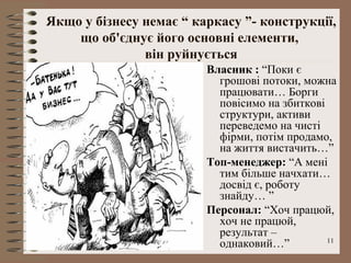 Якщо у бізнесу немає “ каркасу ”- конструкції,
    що об'єднує його основні елементи,
               він руйнується
                         Власник : “Поки є
                           грошові потоки, можна
                           працювати… Борги
                           повісимо на збиткові
                           структури, активи
                           переведемо на чисті
                           фірми, потім продамо,
                           на життя вистачить…”
                         Топ-менеджер: “А мені
                           тим більше начхати…
                           досвід є, роботу
                           знайду… ”
                         Персонал: “Хоч працюй,
                           хоч не працюй,
                           результат –
                           однаковий…”          11
 