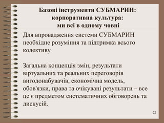 Базові інструменти СУБМАРИН:
          корпоративна культура:
            ми всі в одному човні
Для впровадження системи СУБМАРИН
необхідне розуміння та підтримка всього
колективу

Загальна концепція змін, результати
віртуальних та реальних переговорів
вигодонабувачів, економічна модель,
обов'язки, права та очікувані результати – все
це є предметом систематичних обговорень та
дискусій.
                                                 22
 