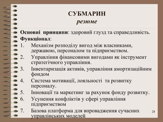 СУБМАРИН
                     резюме
Основні принципи: здоровий глузд та справедливість.
Функціонал:
1. Механізм розподілу вигод між власниками,
   державою, персоналом та підприємством.
2. Управління фінансовими вигодами як інструмент
   стратегічного управління.
3. Інвентаризація активів, управління амортизаційним
   фондом
4. Система мотивації, лояльності та розвитку
   персоналу.
5. Інновації та маркетинг за рахунок фонду розвитку.
6. Усунення конфліктів у сфері управління
   підприємством
7. Базова платформа для впровадження сучасних        28
   управлінських моделей
 
