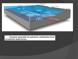 Tsunamis generated by submarine earthquakes travel
at subsonic speed across.
 