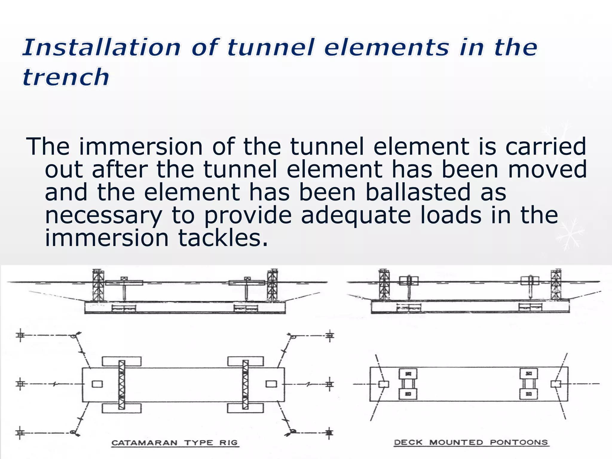 The immersion of the tunnel element is carried
out after the tunnel element has been moved
and the element has been ballasted as
necessary to provide adequate loads in the
immersion tackles.
 