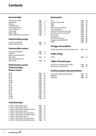 2
Contents
General data
Performance range Page 3
Applications Page 4
Type key Page 4
Pumped liquids Page 4
Operating conditions Page 4
Curve conditions Page 4
Pump range Page 5
Motor range Page 5
Motor protection and controllers Page 5
Submersible pumps
Features and benefits Page 6
Material specification Page 8
Submersible motors
Features and benefits Page 9
Shaft seal Page 11
Material specification for
MS motors Page 12
Material specification for
MMS motors Page 13
Performance curves
Technical data
Power curves
SP 1A Page 14
SP 2A Page 16
SP 3A Page 18
SP 5A Page 20
SP 8A Page 22
SP 14A Page 24
SP 17 Page 26
SP 30 Page 31
SP 46 Page 36
SP 60 Page 41
SP 77 Page 46
SP 95 Page 51
SP 125 Page 56
SP 160 Page 61
SP 215 Page 66
Technical data
1 x 230 V, submersible motors Page 71
3 x 230 V, submersible motors Page 71
3 x 230 V, submersible rewindable motors Page 72
3 x 400 V, submersible motors Page 72
3 x 400 V, submersible industrial motors Page 73
3 x 400 V, submersible rewindable motors Page 73
3 x 500 V, submersible motors Page 74
3 x 500 V, submersible industrial motors Page 74
3 x 500 V, submersible rewindable motors Page 75
Accessories
CU 3 Page 76
Features and benefits Page 78
R100 Page 80
G100 Page 83
MTP 75 motor protection Page 85
Connecting pieces Page 86
Cable termination kit with plug Page 87
Cable termination kit type KM Page 87
Zinc anodes Page 87
Flow sleeves Page 88
SA-SPM control boxes Page 88
Capacitors for MS 402B PSC Page 88
Pt100 Page 89
Energy consumption
Energy consumption of submersible pumps Page 90
Cable sizing
Cables Page 91
Table of head losses
Head losses in ordinary water pipes Page 95
Head losses in plastic pipes Page 96
Further product documentation
Sources of product documentation Page 97
WinCAPS Page 97
WebCAPS Page 98
 