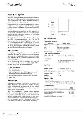 84
Accessories Submersible pumps
SP A, SP
Product description
The G100 Gateway enables communication of operating
data, such as measured values, setpoints, etc., between
Grundfos products with GENIbus interface and a main
network for control and monitoring.
As indicated in the illustration on page 83, the G100 is
suitable for use in applications such as water supply,
water treatment, wastewater, building automation and
industry.
Common to above applications is that downtime is
usually costly, and extra investments are therefore often
made to achieve maximum reliability by monitoring
selected operating variables.
The day-to-day operation, such as starting and stopping
of pumps, changing of setpoints, etc., can also be
effected from the main system by communication with
the G100. In addition, the G100 can be set up to send
event-controlled status indications such as alarms via
the SMS to mobile phones, and to make automatic alarm
call-backs to a central management system.
Data logging
Besides the possibility of data communication, the G100
also offers logging of up to 350,000 time-stamped data.
Subsequently, the logged data can be transmitted to the
main system or a PC for further analysis in a spreadsheet
or similar program.
For the data logging, the "PC Tool G100 Data Log" soft-
ware tool is used. The tool is part of the PC Tool G100
package, which must be ordered separately.
Other features
• Four digital inputs.
• Stop of all pumps in case of failing communication
with the management system (optional).
• Access code for modem communication (optional).
• Alarm log.
Installation
Installation of the G100 is effected by the system inte-
grator. The G100 is connected to the GENIbus as well as
to the main network. Subsequently, all units on the
GENIbus can be controlled from a central management
system on the main network.
The "G100 Support Files" CD-ROM supplied with the
G100 contains examples of programs to be used when
the G100 is connected to the various main network
systems. Included is also a description of the data points
available in Grundfos products with GENIbus interface.
The "PC Tool G100" software tool can be used for the
G100 installation and use. To be ordered separately.
Technical data
Overview of protocols
Other possible connections
GENIbus RS-485: Connection of up to 32 units.
Service port
RS-232: For direct connection to a PC
or via radio modem.
Digital inputs: 4.
Voltage supply: 1 x 110-240 V, 50/60 Hz
Ambient temperature: In operation: –20°C to +60°C
Enclosure class: IP 20
Weight: 1.8 kg.
Accessories
• PC Tool G100 package (to be ordered separately)
• G100 Support Files CD-ROM (supplied with product)
Product numbers
TM0106211102
Main system Software protocol
INTERBUS-S PCP
PROFIBUS-DP DP
Radio Satt Control COMLI/Modbus
Modem Satt Control COMLI/Modbus
PLC Satt Control COMLI/Modbus
GSM mobile phone SMS, UCP
Product
Product
number
G100 with Interbus-S expansion board* 96 41 11 34
G100 with Profibus-DP expansion board* 96 41 11 35
G100 with Radio/Modem/PLC-expansion board* 96 41 11 36
G100 Basic Version* 96 41 11 37
PC Tool G100 package 96 41 57 83
* CD-ROM with G100 Support Files included.
73 mm 165 mm
227mm
Port 1
Main
Network
Connection
POWER
POWER MNC
POWER GENI
GENI TxD
GENI RxD
FAULT
DCD
RTS
TxD1
RxD1
TxD2
RxD2
Port 2
Genibus DI Service
 