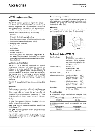 85
Accessories Submersible pumps
SP A, SP
MTP 75 motor protection
Long motor life
The MTP 75 protects against too high motor tempera-
ture. This is the most simple and the cheapest way of
ensuring long motor life. The customer is certain that
operating conditions are observed and is given indica-
tion of the time when a service check should be made.
Too high motor temperature may be caused by:
• Overload
• Frequent starting/stopping (hunting)
• Operation against closed valve/frozen discharge pipe
• Insufficient flow of liquid past the motor
• Pumping of too hot water
• Deposits on the motor
• Overvoltage
• Undervoltage
• Current unbalance
• Dry running (Note that the pump is not protected if
the water table is below the pump inlet. For example
this may occur if several boreholes are located close
to each other).
Application and installation
The MTP 75 can be used only for motors with built-in
temperature transmitter and should be installed for
instance in a control cabinet. The MTP 75 may be
installed in any type of control cabinet containing a
thermal relay with differential release and contactor.
The thermal relay is necessary to protect against
blocking or phase failure, since this will cause the
temperature to rise much faster than the MTP 75 is able
to register.
The MTP 75 is supplied with base for mounting on DIN
rail.
Operation
The temperature transmitter will send a high-frequency
signal indicating the motor temperature through the
motor supply cable. The MTP 75 will stop the motor via
the contactor if the temperature rises above 75°C. The
temperature limit is factory-set and cannot be changed.
Display:
No light: Motor stopped. No supply voltage or electrical
fault at temperature measuring.
Green light: Motor in operation and motor temperature
OK, i.e. below 75°C.
Red light: Motor stopped and motor temperature too
high, i.e. above 75°C.
The MTP 75 is reset manually by pressing the reset
button on the front cover or by switching off the voltage
supply to the MTP 75.
No unnecessary downtime
Since the MTP 75 measures only the temperature and no
other parameters causing a temperature rise, the motor
and thus the pump will stop only when the motor
temperature is too high.
Reliability
The MTP 75 is reliable due to its simple construction and
because it requires no extra cables in the borehole.
Technical data of MTP 75
Supply voltage: 2 variants:
1 x 200-240 V ±10%, 50/60 Hz
3 x 380-415 V ±10%, 50/60 Hz
A transformer is required for
voltages over 415 V.
Control voltage: Contact load:
Maximum 415 V/3 A
Minimum 12 V/20 mA.
Enclosure class: IP 20
Operating conditions: Min. temperature: –20°C
Max. temperature: +60°C
Relative humidity: 99%.
Storage: Min. temperature: –20°C
Max. temperature: +60°C
Relative humidity: 99%.
Approvals: Complying with the regulations
of VDE and DEMKO.
Product numbers
MTP 75 without plug-in base, capacitor and signal trans-
former:
MTP 75 complete with plug-in base, capacitor and signal
transformer:
GR1915
TM0078741102
Voltage range [V] Product number
1 x 200-240 00 62 51 78
3 x 380-415 00 62 51 79
Voltage range [V] Product number
1 x 200-240 00 62 58 04
3 x 380-415 00 62 58 05
35 mm
78 mm
104 mm
 