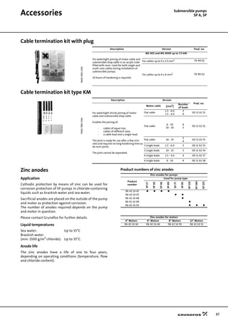 87
Accessories Submersible pumps
SP A, SP
Cable termination kit with plug
Cable termination kit type KM
Zinc anodes
Application
Cathodic protection by means of zinc can be used for
corrosion protection of SP pumps in chloride-containing
liquids such as brackish water and sea water.
Sacrificial anodes are placed on the outside of the pump
and motor as protection against corrosion.
The number of anodes required depends on the pump
and motor in question.
Please contact Grundfos for further details.
Liquid temperatures
Sea water: Up to 35°C
Brackish water
(min. 1500 g/m3
chloride): Up to 35°C.
Anode life
The zinc anodes have a life of one to four years,
depending on operating conditions (temperature, flow
and chloride content).
Product numbers of zinc anodes
TM0078832296
Description Version Prod. no.
For watertight joining of motor cable and
submersible drop cable in an acrylic tube
filled with resin. Used for both single and
multi-core cables during installation of
submersible pumps.
24 hours of hardening is required.
MS 402 and MS 4000 up to 7.5 kW:
For cables up to 4 x 2.5 mm2 79 99 01
For cables up to 4 x 6 mm2 79 99 02
TM0078852296
Description Version
Prod. no.
For watertight shrink-joining of motor
cable and submersible drop cable.
Enables the joining of:
- cables of equal size.
- cables of different sizes.
- a cable lead and a single-lead.
The joint is ready for use after a few min-
utes and requires no long hardening time as
do resin joints.
The joint cannot be separated.
Motor cable [mm2
]
Number
of leads
Flat cable
1.5 - 6.0
1.5 - 4.0
3
4
00 11 62 51
Flat cable
6 - 10
10 - 16
4
3
00 11 62 52
Flat cable 16 - 25
3
4
00 11 62 55
3 single leads 1.5 - 6.0 3 00 11 62 53
3 single leads 10 - 25 3 00 11 62 54
4 single leads 1.5 - 4.0 4 00 11 62 57
4 single leads 6 - 16 4 00 11 62 58
Zinc anodes for pumps
Product
number
Used for pump type
SP17
SP30
SP46
SP60
SP77
SP95
SP125
SP160
SP215
96 42 14 45
96 42 14 47
96 42 14 48
96 42 14 49
96 42 14 50
Zinc anodes for motors
4" Motors 6" Motors 8" Motors 12" Motors
96 42 14 44 96 42 14 46 96 42 14 50 96 42 14 51
 