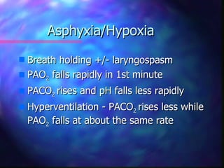 Asphyxia/Hypoxia
s Breath holding +/- laryngospasm
s PAO2 falls rapidly in 1st minute

s   PACO2 rises and pH falls less rapidly
s   Hyperventilation - PACO2 rises less while
    PAO2 falls at about the same rate
 