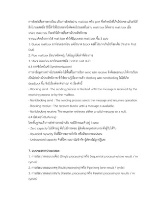 mailbox port
mail box mail box
share mail box
mail box mail box 3
1. Queue mailbox block First In First
Out)
2. Pipe mailbox
3. Stack mailbox First In Last Out)
6.3 Synchronization)
send receive
blocking nonblocking
deadlock 4
- Blocking send : The sending process is blocked until the message is received by the
receiving process or by the mailbox.
- Nonblocking send : The sending process sends the message and resumes operation.
- Blocking receive : The receiver blocks until a message is available.
- Nonblocking receive: The receiver retrieves either a valid message or a null.
6.4 Buffering)
3
- Zero capacity
- Bounded capacity
- Unbounded capacity
7.
1. Single processing) Sequential processing (one result / m
cycles)
2. Multi processing) Pipelining (one result / cycle)
3. Parallel processing) Parallel processing (n results / m
cycles)
 
