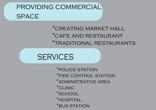 providing commercial
space
*creating market hall
*cafe and restaurant
*traditional restaurants
services
*police station
*fire control station
*adminstrative area
*clinic
*school
*hospital
*bus station
 