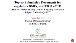 Presented By:-
Machhi Dhruvi Anilkumar
1st Sem. M.Pharm.
Department of Pharmaceutical Quality Assurance
Smt. B. N. B. Swaminarayan Pharmacy College, Salvav-vapi
Topic:- Submission Documents for
regulators DMFs, as CTD & eCTD
Subject Name:- Quality Control & Quality Assurance
Subject Code:- MQA103T
1
 