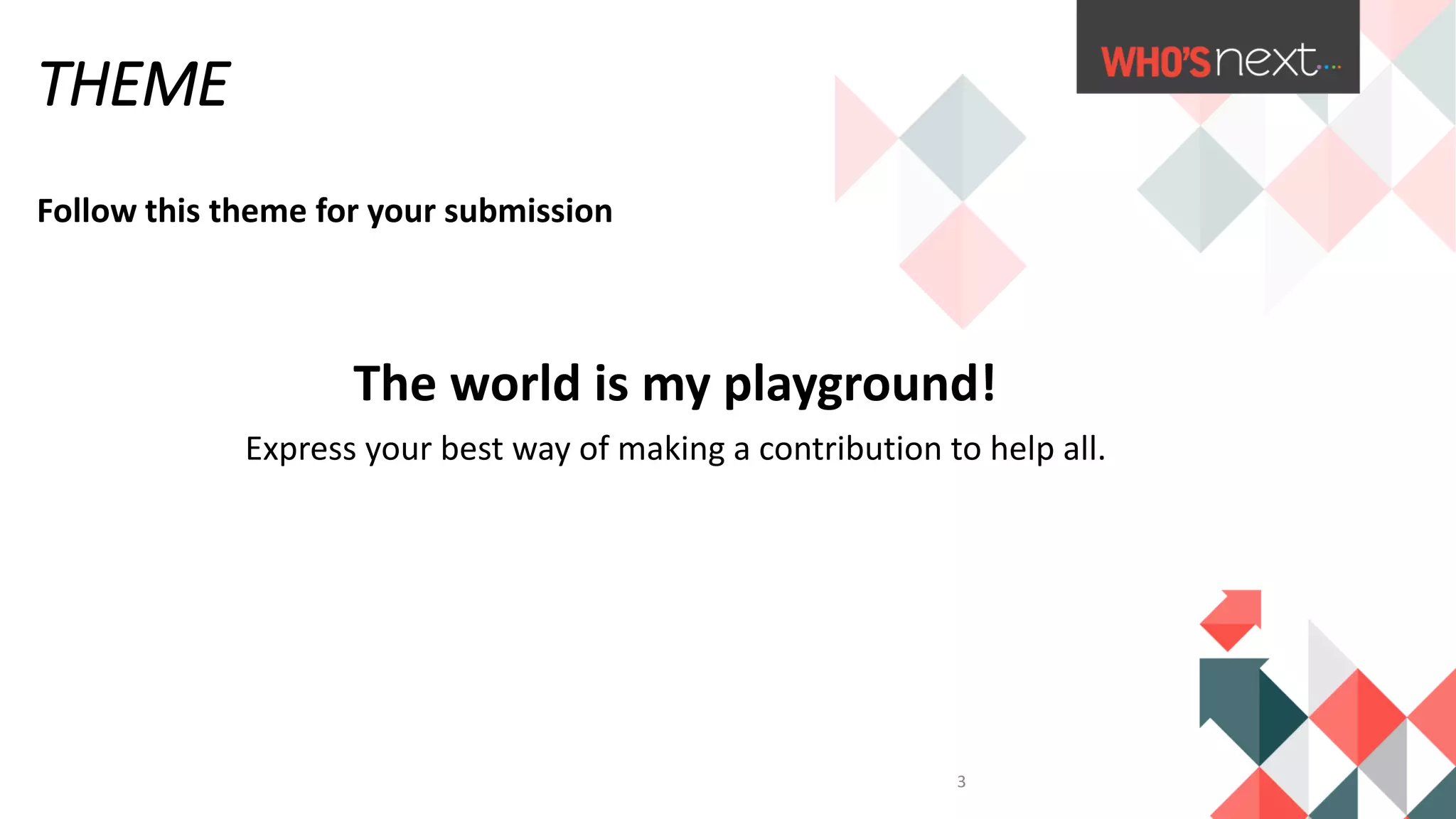Follow this theme for your submission
The world is my playground!
Express your best way of making a contribution to help all.
THEME
3
 