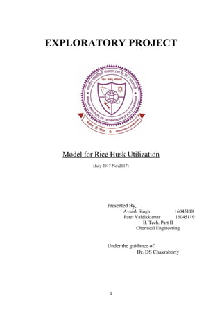 1
EXPLORATORY PROJECT
Model for Rice Husk Utilization
(July 2017-Nov2017)
Presented By,
Avnish Singh 16045118
Patel Vaidikkumar 16045119
B. Tech. Part II
Chemical Engineering
Under the guidance of
Dr. DS Chakraborty
 