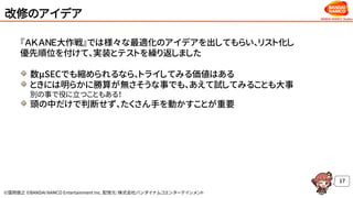 ©窪岡俊之 ©BANDAI NAMCO Entertainment Inc. 配信元：株式会社バンダイナムコエンターテインメント
改修のアイデア
『ＡＫＡＮＥ大作戦』では様々な最適化のアイデアを出してもらい、リスト化し
優先順位を付けて、実装とテストを繰り返しました
数μSECでも縮められるなら、トライしてみる価値はある
ときには明らかに勝算が無さそうな事でも、あえて試してみることも大事
別の事で役に立つこともある！
頭の中だけで判断せず、たくさん手を動かすことが重要
17
 