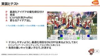 ©窪岡俊之 ©BANDAI NAMCO Entertainment Inc. 配信元：株式会社バンダイナムコエンターテインメント
実装とテスト
P 最適化アイデアの優先順位付け
D 実装
C ビルド&計測(Profile)
A 更なるアイデア出し
※ Plan(計画)→ Do(実行)→ Check(評価)→ Act(改善)
テストしやすいように、最適化項目をON/OFF出来るようにしておく
ビジュアルアーティストにチェックしてもらう時にも楽になる
負荷の重いキャラ(重い子5)で、計測する
18
 