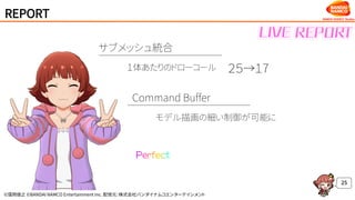 ©窪岡俊之 ©BANDAI NAMCO Entertainment Inc. 配信元：株式会社バンダイナムコエンターテインメント
REPORT
25
２５→１7１体あたりのドローコール
サブメッシュ統合
モデル描画の細い制御が可能に
Command Buffer
 