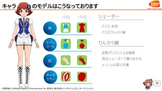 ©窪岡俊之 ©BANDAI NAMCO Entertainment Inc. 配信元：株式会社バンダイナムコエンターテインメント
キャラ のモデルはこうなっております
26
パス２パス１
反転ポリゴンによる描画
頂点シェーダーで膨らませる
メッシュは具と共通
りんかく線
パス１：本体
パス２：りんかく線
シェーダー
服
スパン
コール
肌
キャラ
カラー
 