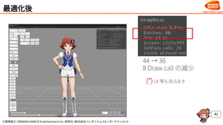 ©窪岡俊之 ©BANDAI NAMCO Entertainment Inc. 配信元：株式会社バンダイナムコエンターテインメント
最適化後
41
44 → 36
8 Draw call の減少
(*) UI 等も含みます
 