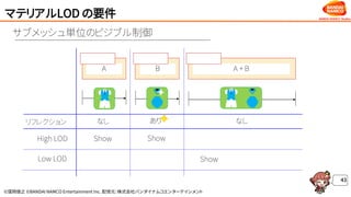 ©窪岡俊之 ©BANDAI NAMCO Entertainment Inc. 配信元：株式会社バンダイナムコエンターテインメント
マテリアルLOD の要件
43
サブメッシュ単位のビジブル制御
High LOD
Low LOD
Show
Show
Show
リフレクション なし あり なし
A B A + B
 