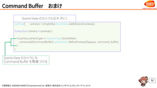 ©窪岡俊之 ©BANDAI NAMCO Entertainment Inc. 配信元：株式会社バンダイナムコエンターテインメント
Command Buffer おまけ
52
Scene View のカメラも忘れずに！
Camera[] cameras = UnityEditor.SceneView.GetAllSceneCameras();
foreach(var camera in cameras) {
if(camera.cameraType == CameraType.SceneView) {
camera.AddCommandBuffer(CameraEvent.BeforeForwardOpaque, command_buffer);
}
}
Scene View のカメラにも
Command Buffer を関連づける
 