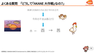 ©窪岡俊之 ©BANDAI NAMCO Entertainment Inc. 配信元：株式会社バンダイナムコエンターテインメント
よくある質問 「どうして『AKANE 大作戦』なの？」
59
高速化を始めたのは 2017 年のお正月
今年の干支は酉（とり）
西 ← 酉 → 茜
 