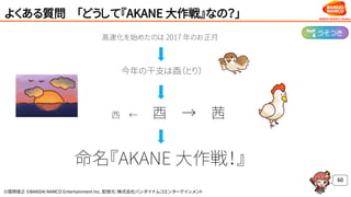 ©窪岡俊之 ©BANDAI NAMCO Entertainment Inc. 配信元：株式会社バンダイナムコエンターテインメント
よくある質問 「どうして『AKANE 大作戦』なの？」
60
高速化を始めたのは 2017 年のお正月
今年の干支は酉（とり）
西 ← 酉 → 茜
命名『AKANE 大作戦！』
 