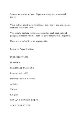 Submit an outline of your Signature Assignment research
paper.
Your outline must include introduction, body, and conclusion
sections in outline format.
You should include topic sentences (for each section) and
paragraph transitions that help tie your major points together.
Use current APA Style as appropriate.
Research Paper Outline:
INTRODUCTION
HISTORY
CULTURAL CONTEXT
Represented in US
Individualistic/Collective
Artistic
Values
Religion
SEX AND GENDER ROLES
ACCULTURATION
 