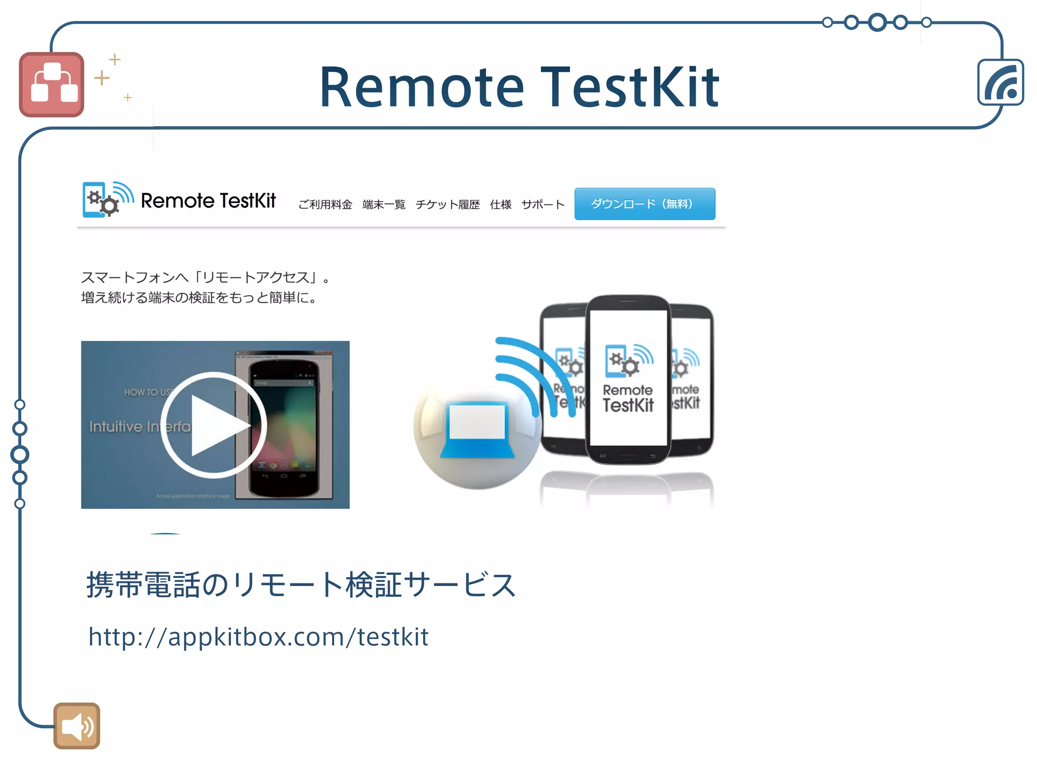 携帯電話のリモート検証サービス
http://appkitbox.com/testkit

 