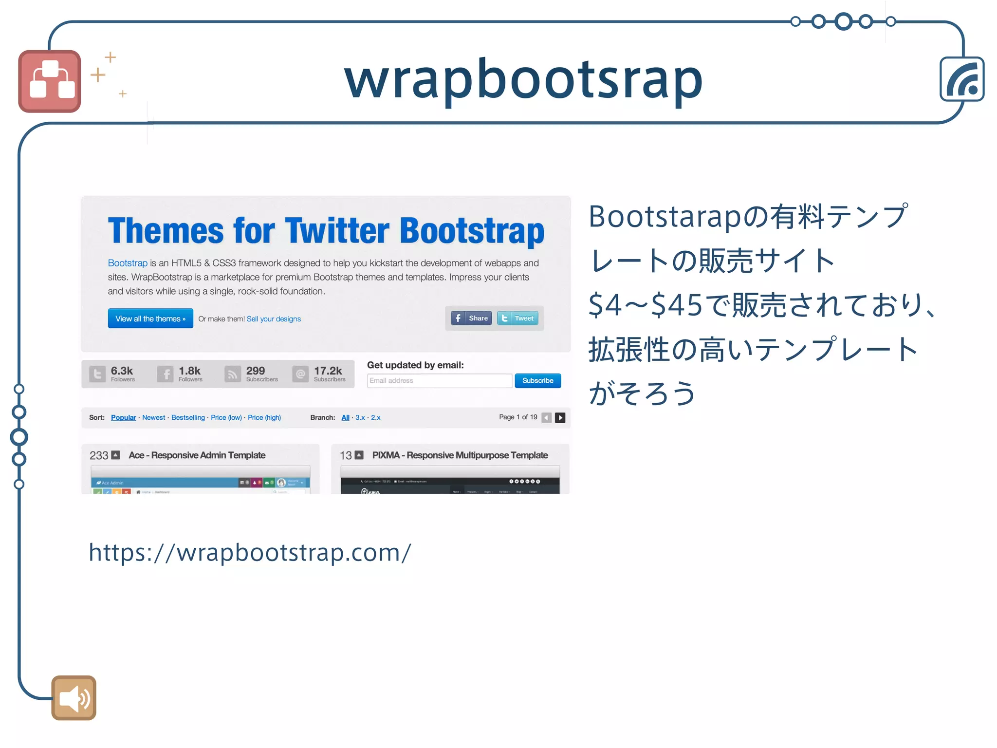 Bootstarapの有料テンプ
レートの販売サイト
$4∼$45で販売されており、
拡張性の高いテンプレート
がそろう

https://wrapbootstrap.com/

 
