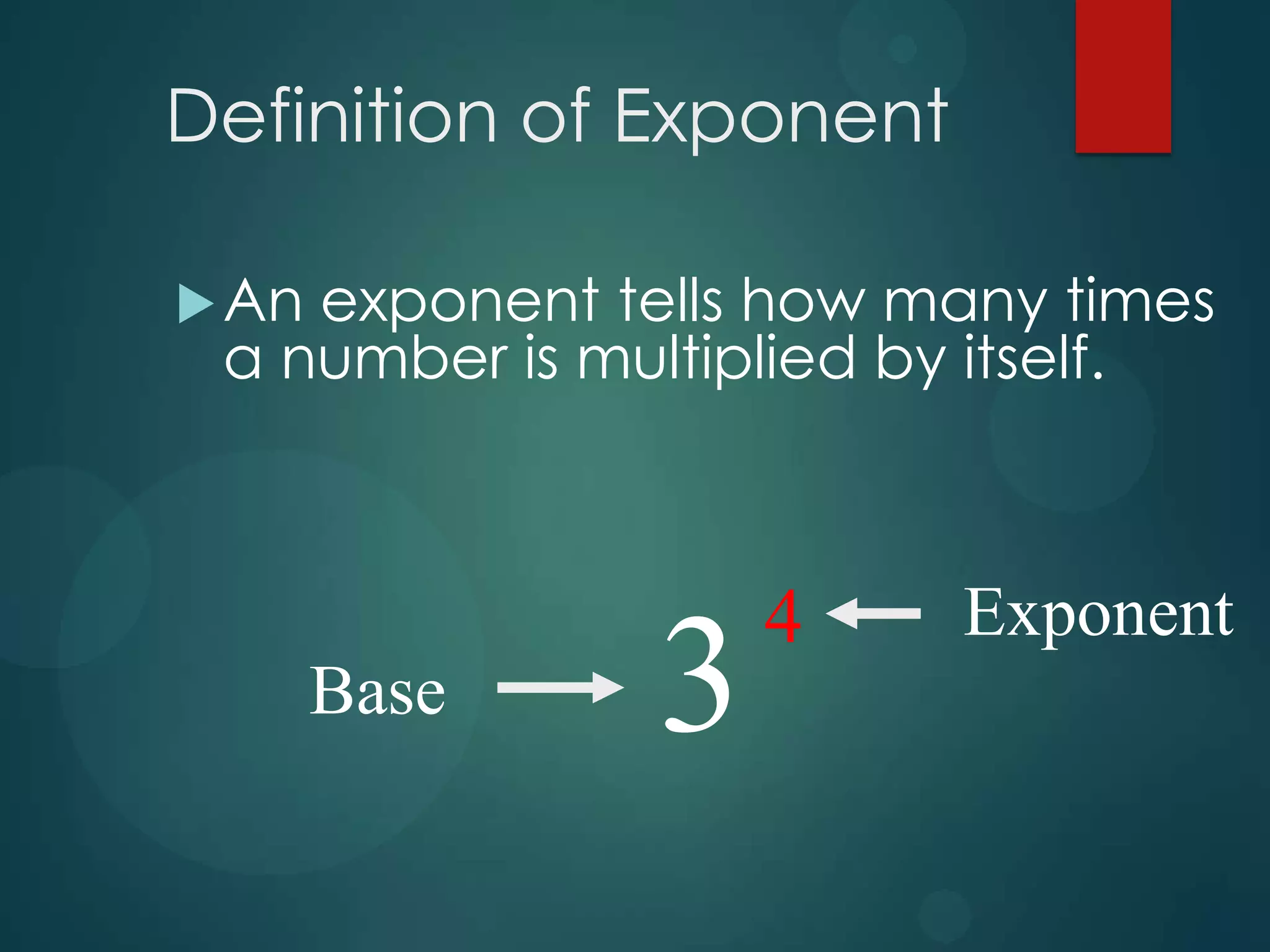 Definition of Exponent
 An

exponent tells how many times
a number is multiplied by itself.

Base

3

4

Exponent

 