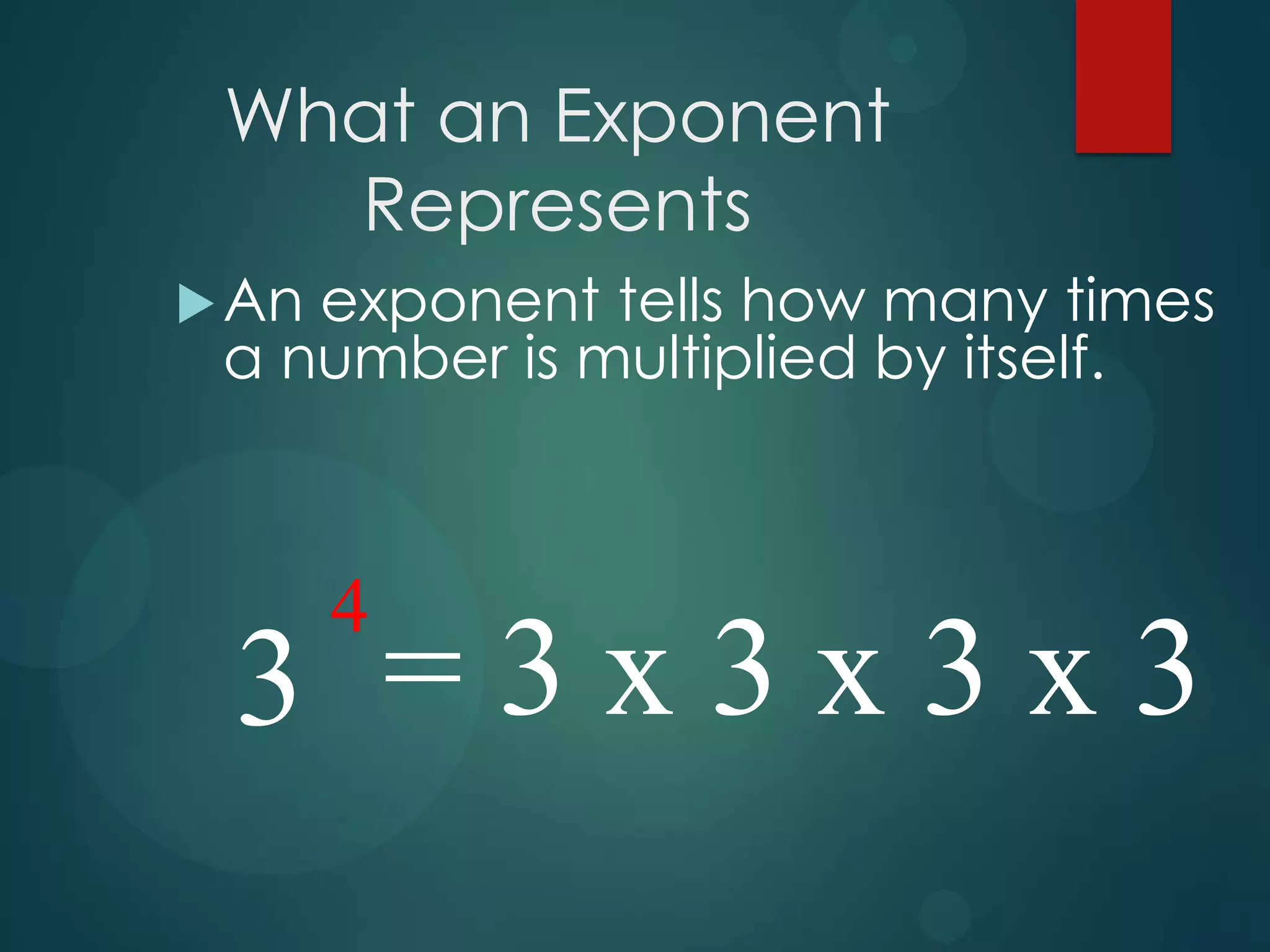 What an Exponent
Represents
 An

exponent tells how many times
a number is multiplied by itself.

4

3 =3x3x3x3

 