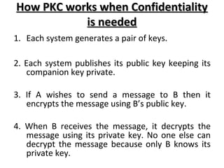 How PKC works when ConfidentialityHow PKC works when Confidentiality
is neededis needed
1. Each system generates a pair of keys.
2. Each system publishes its public key keeping its
companion key private.
3. If A wishes to send a message to B then it
encrypts the message using B’s public key.
4. When B receives the message, it decrypts the
message using its private key. No one else can
decrypt the message because only B knows its
private key.
 